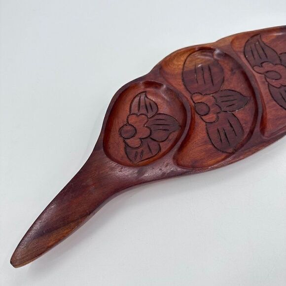 Hard Carved Monkeypod Freeform Wood Tray Leaf Shape Haiti Island 3 Sections - Picture 5 of 7